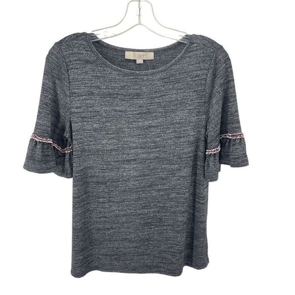 LOFT Womens Ruffle Sleeve Blouse Top Stretch Scoop Neck Pullover Gray XS - Picture 4 of 11